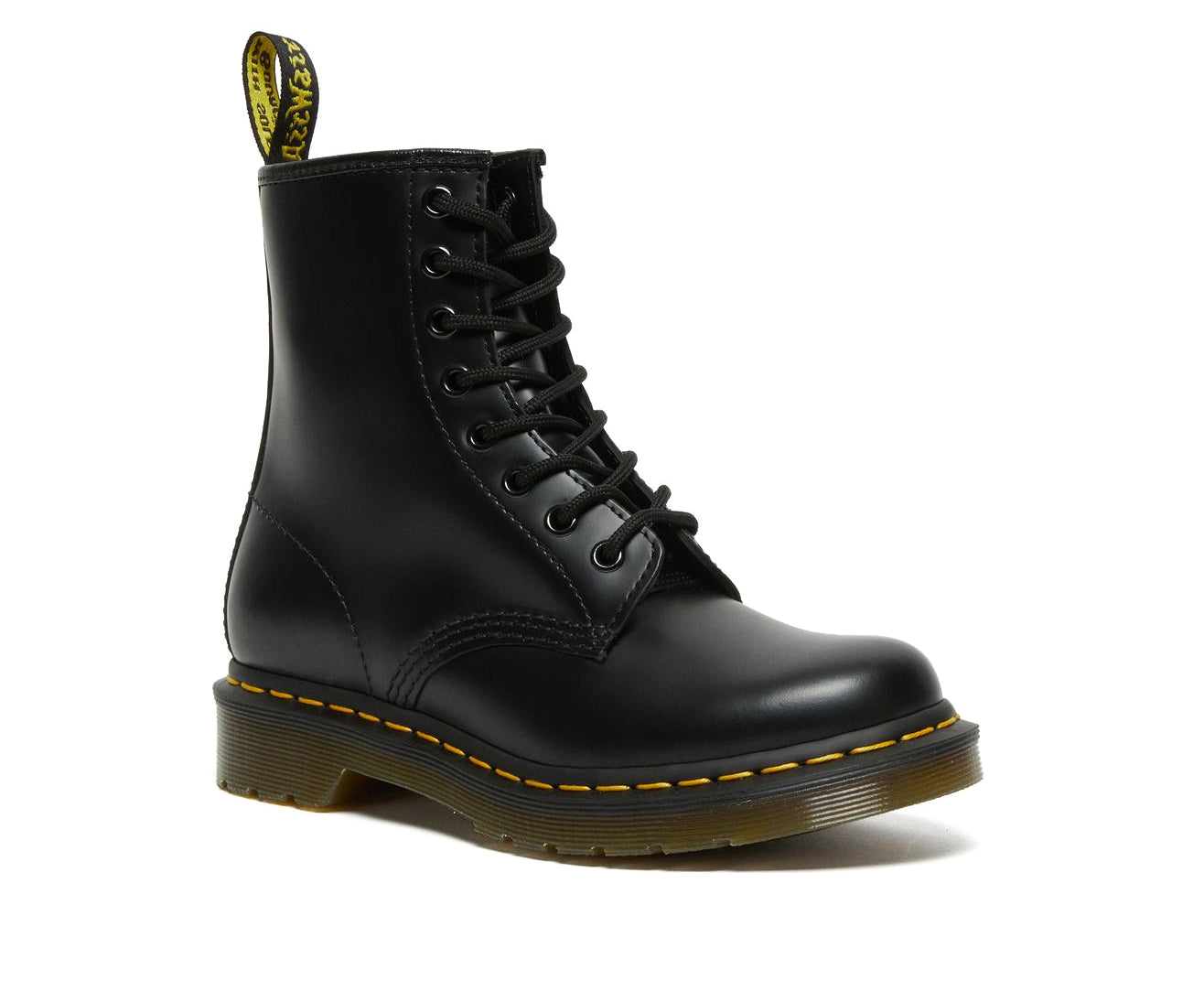 A mid-ankle height, laced, black leather boot.