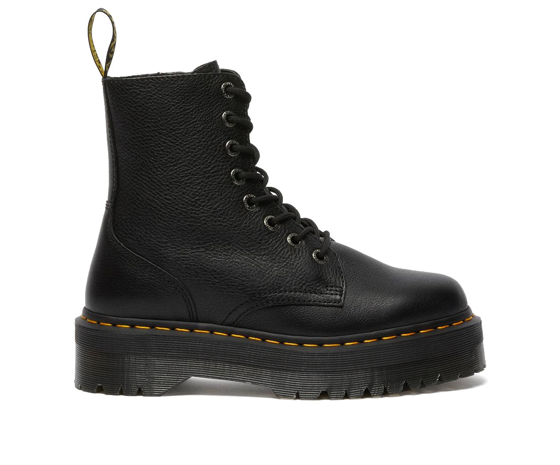 A mid-ankle height, laced, black leather platform boot.