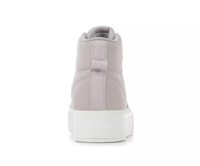 A taupe canvas high-top Adidas sneaker.