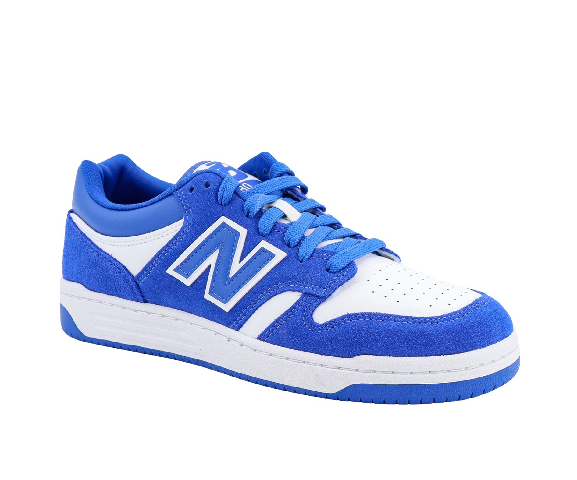A white leather New Balance basketball shoe with royal blue suede accents.