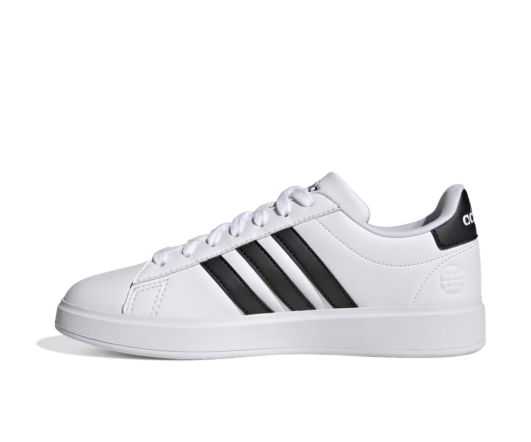 A white leather adidas sneaker with black accents.