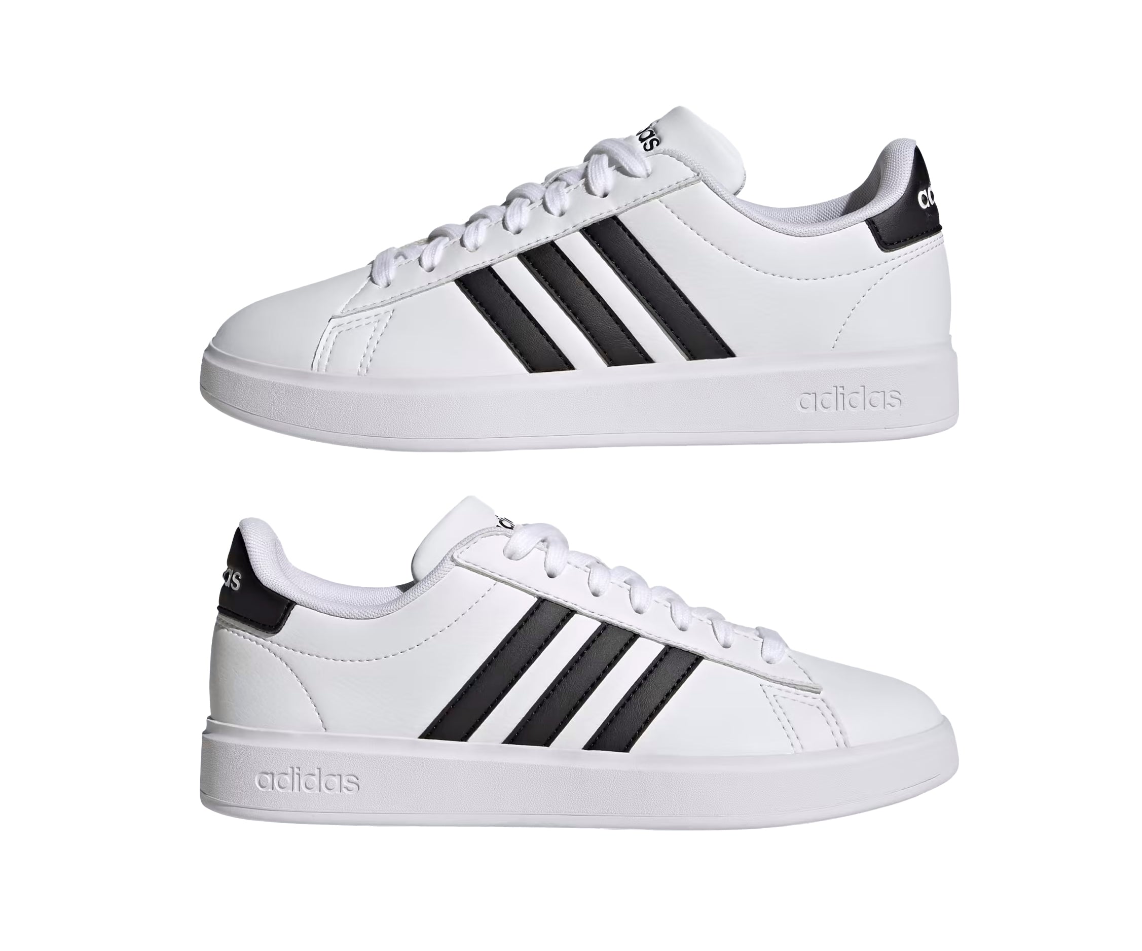 A white leather adidas sneaker with black accents.