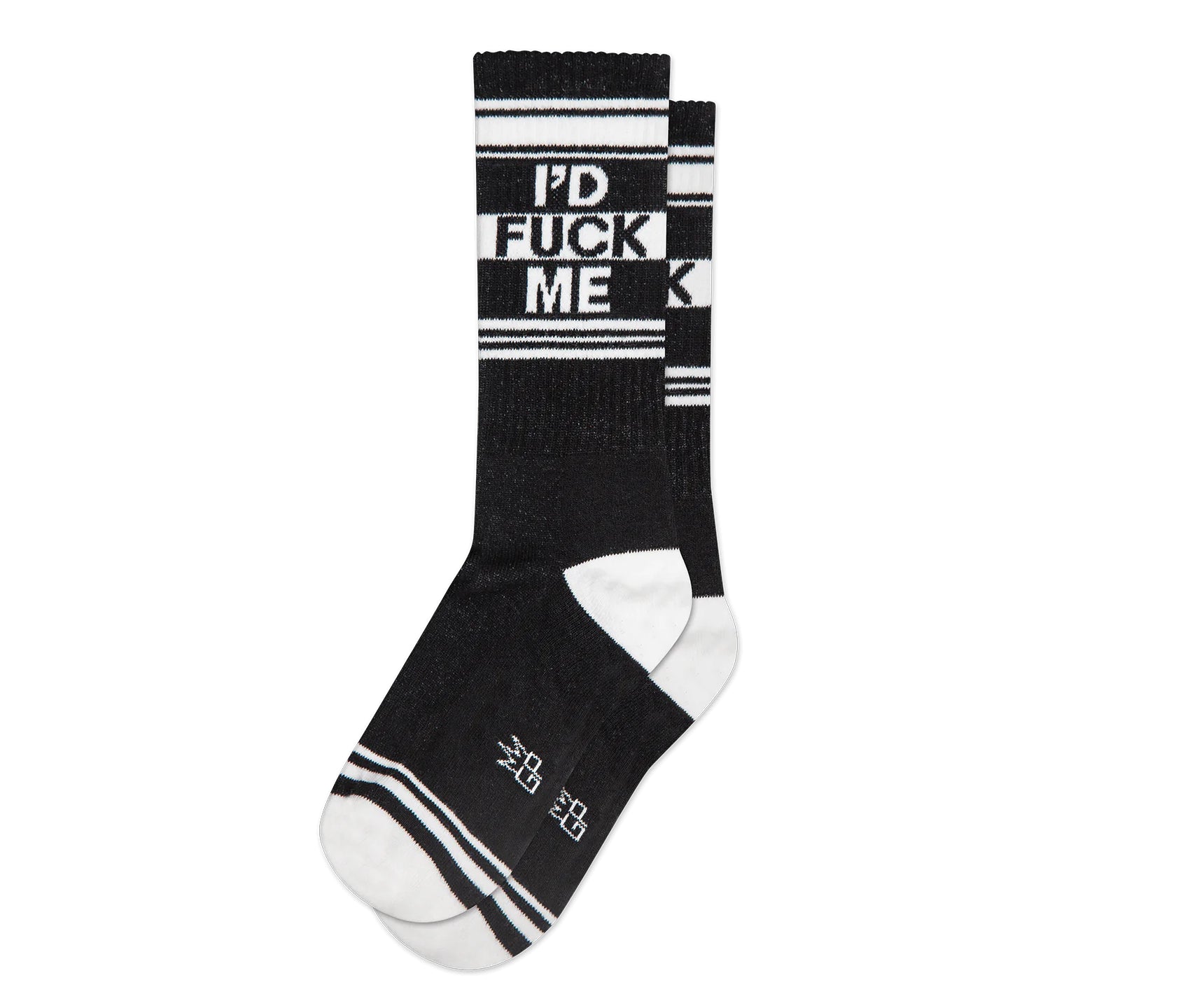 A pair of black and white crew socks that read "I'd fuck me" with the Gumball Poodle logo on the arch.