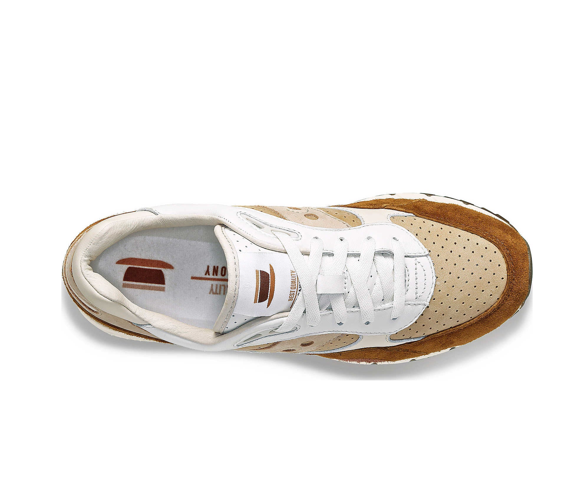 A suede low-cut Saucony sneaker in various shades of light brown.