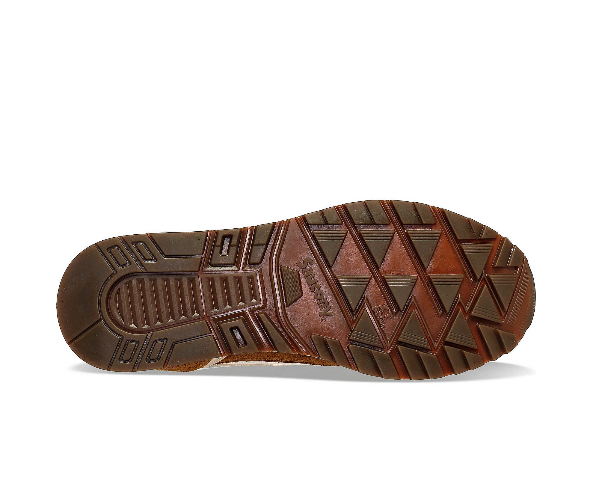 A suede low-cut Saucony sneaker in various shades of light brown.