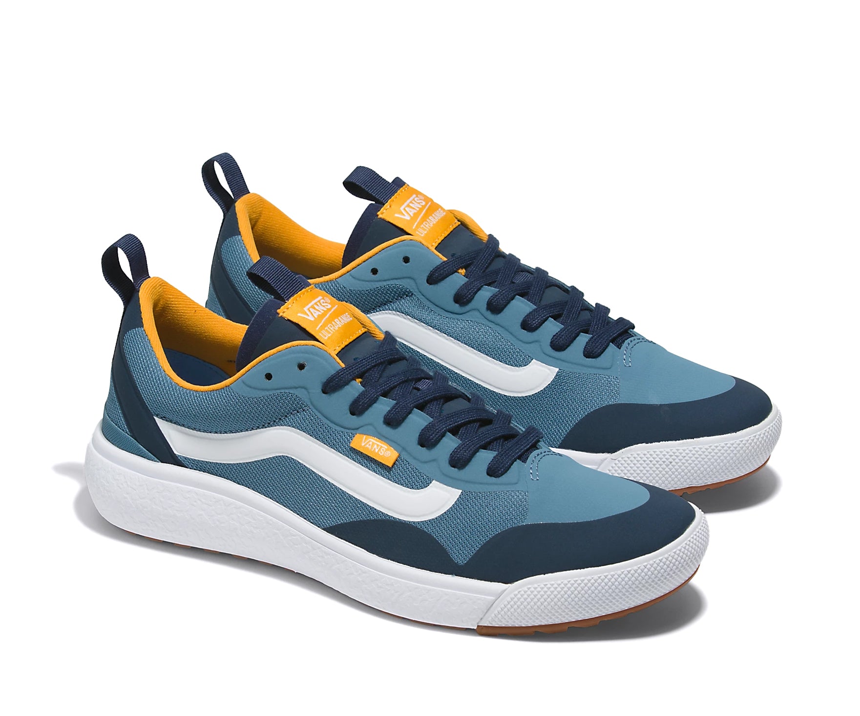 A teal and gold mesh low-top Vans sneaker.