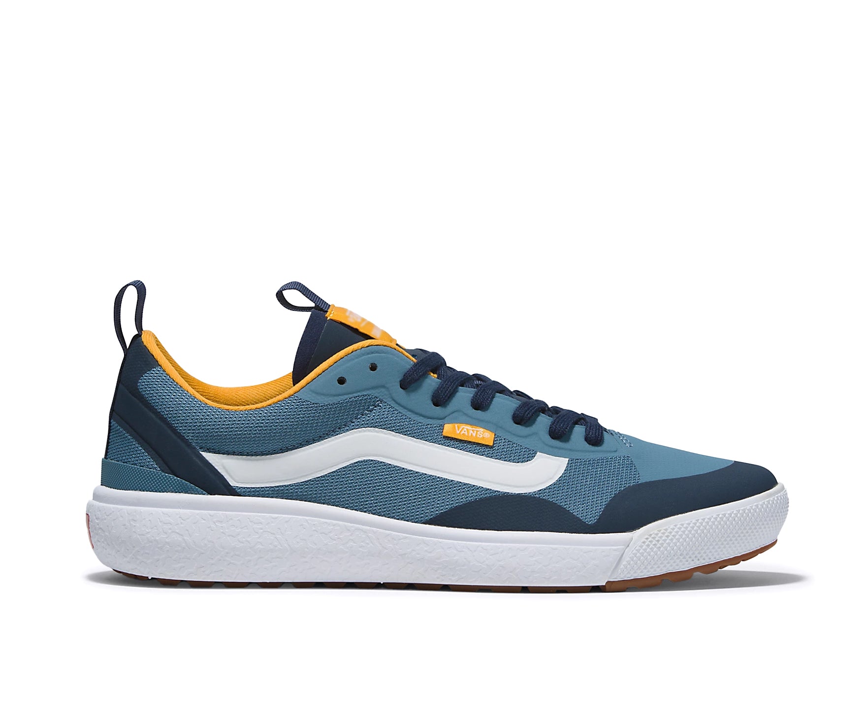 A teal and gold mesh low-top Vans sneaker.