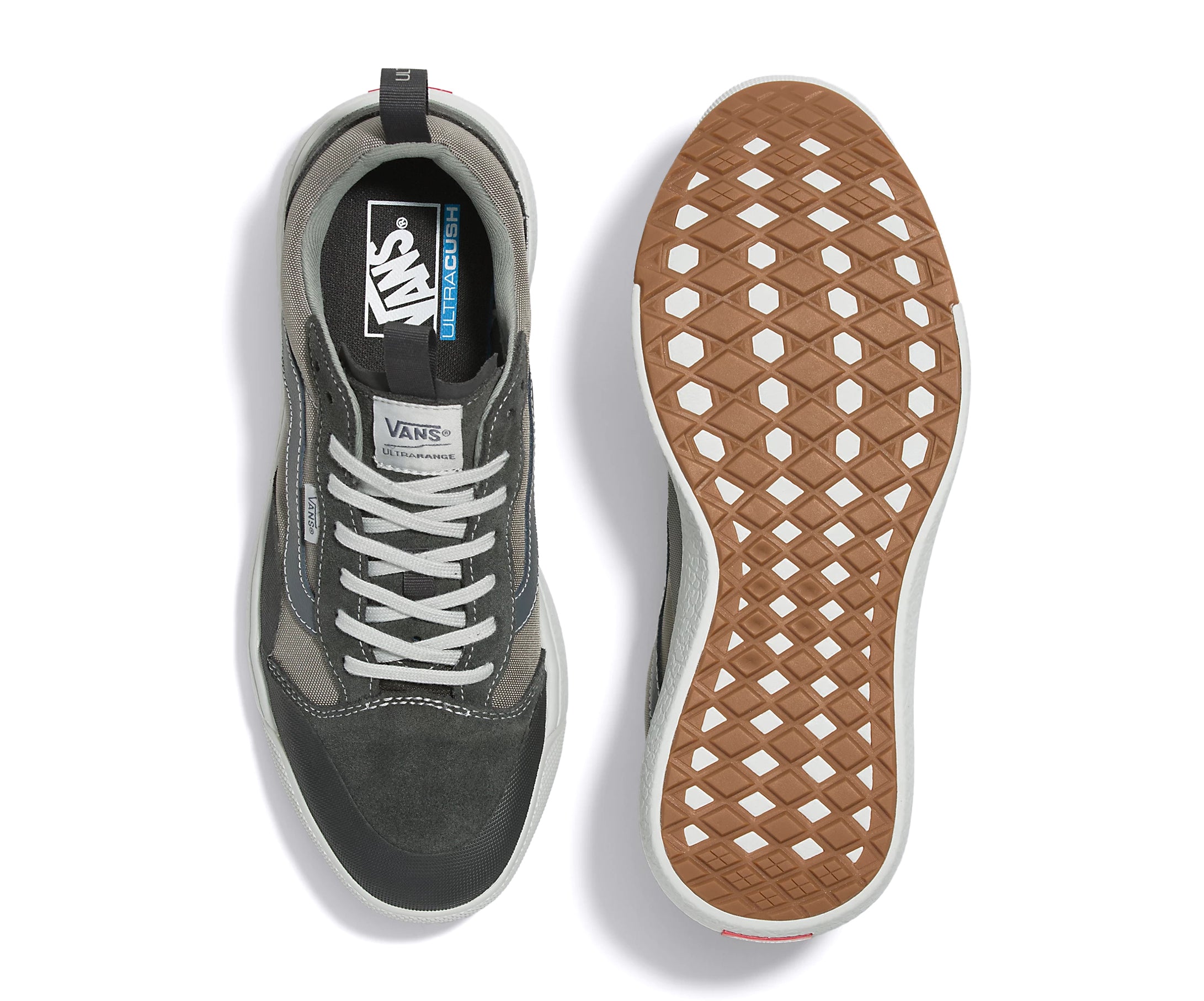 A suede and textile multicolored grey Vans sneaker.