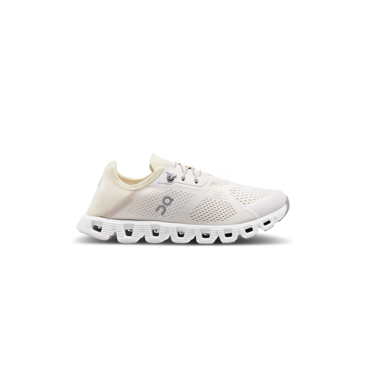 A mesh and rubber white and light yellow running shoe with elastic laces