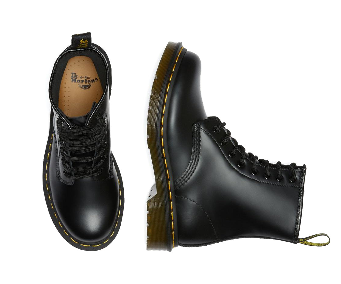 A mid-ankle height, laced, black leather boot.