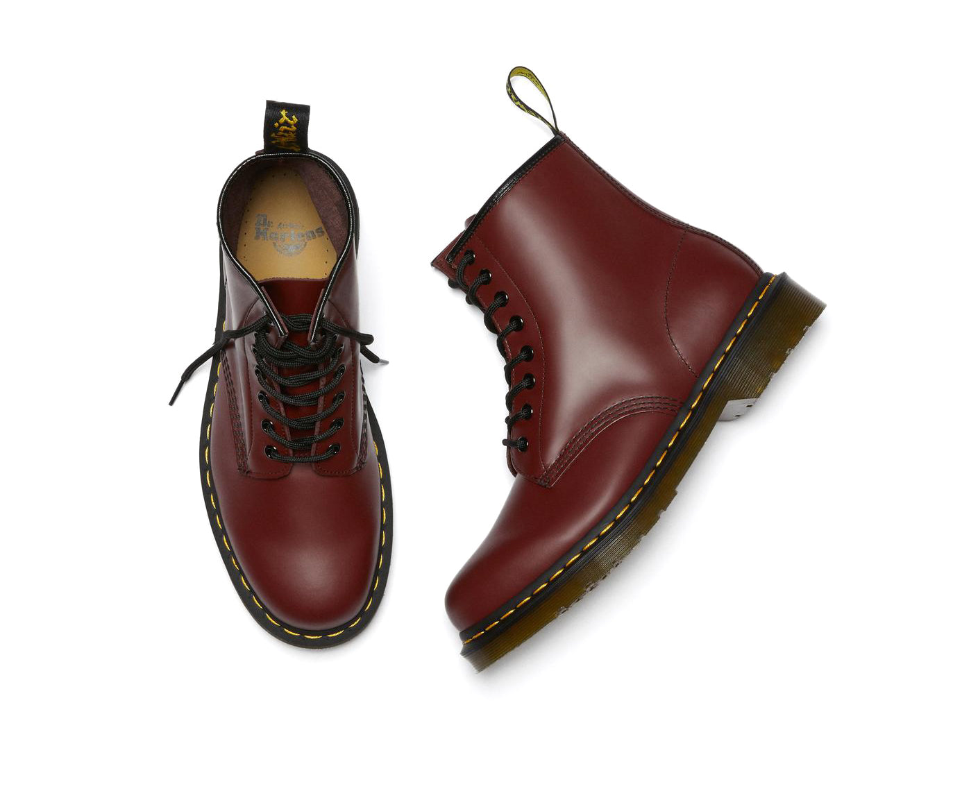Cherry red ankle-height leather boot from Dr. Martens.