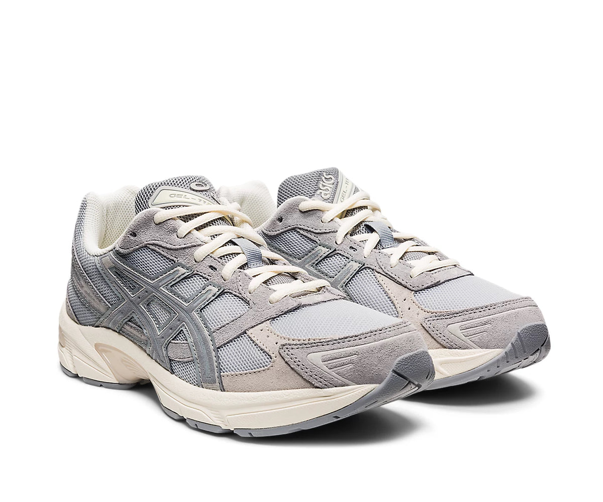 A gray running shoe from ASICS.