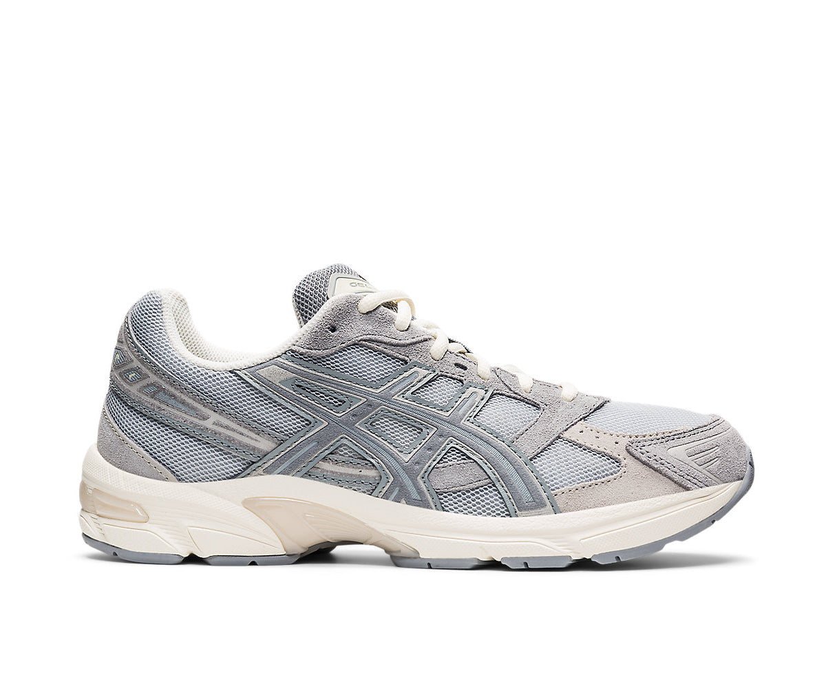 A gray running shoe from ASICS.