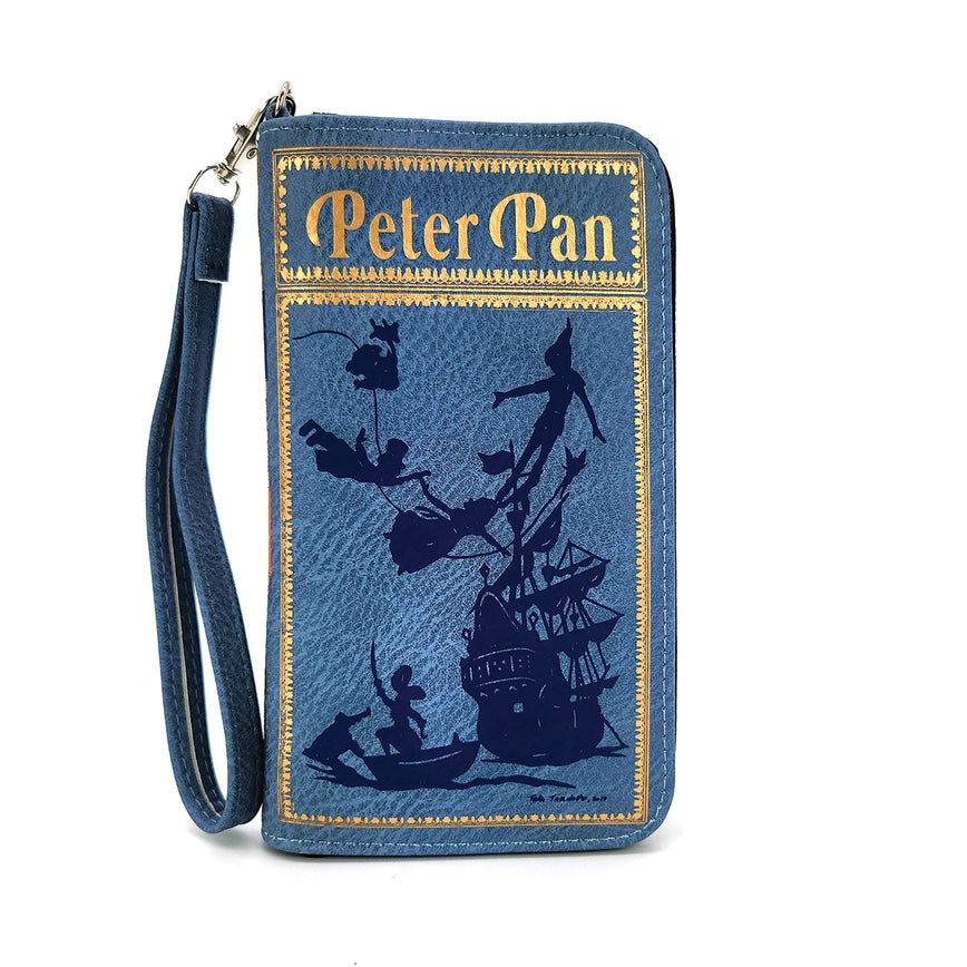 Front shot of a long, blue wallet with Peter Pan cover art
