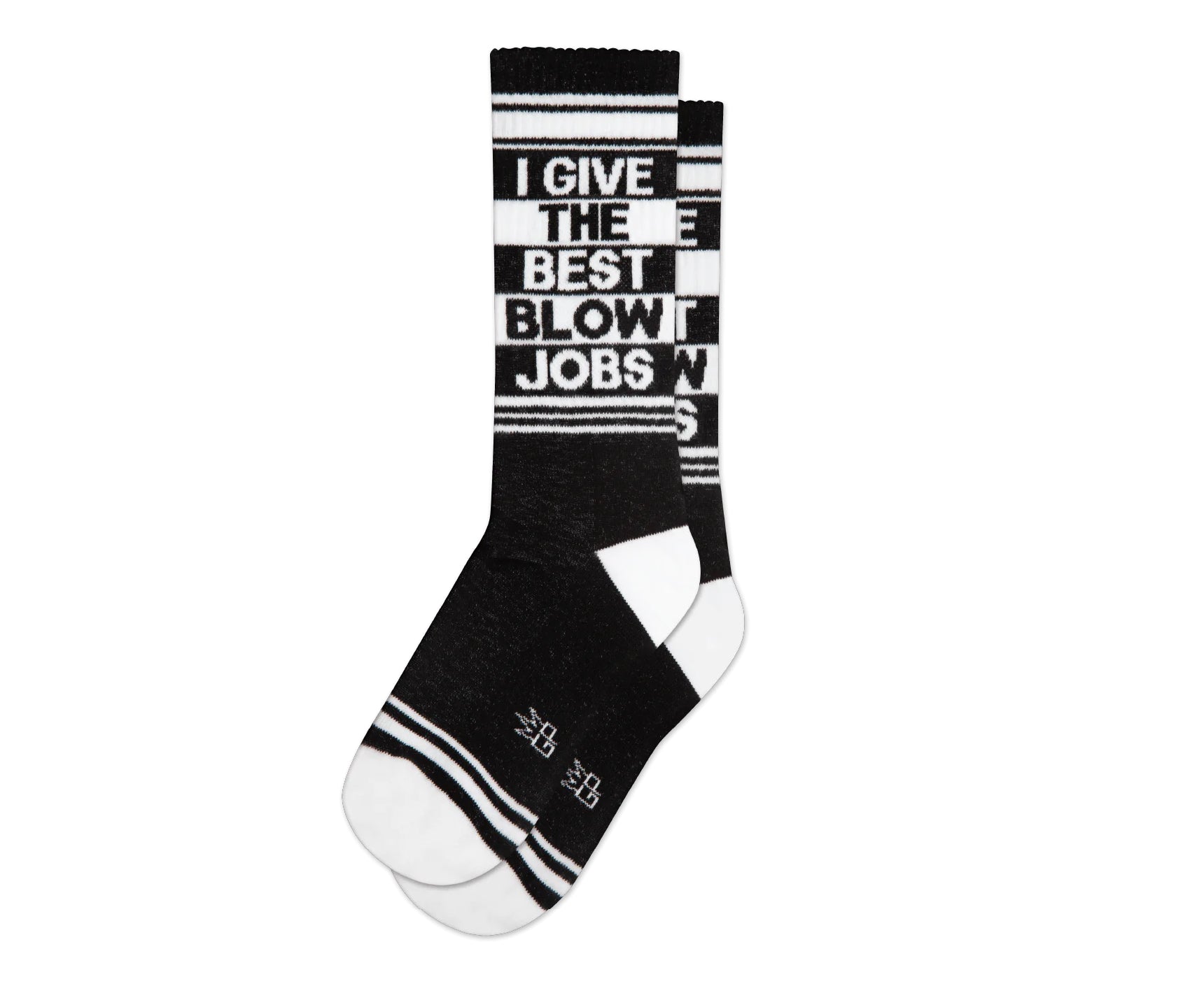 A pair of black and white crew socks that read "I give the best blow jobs" with the Gumball Poodle logo on the arch.