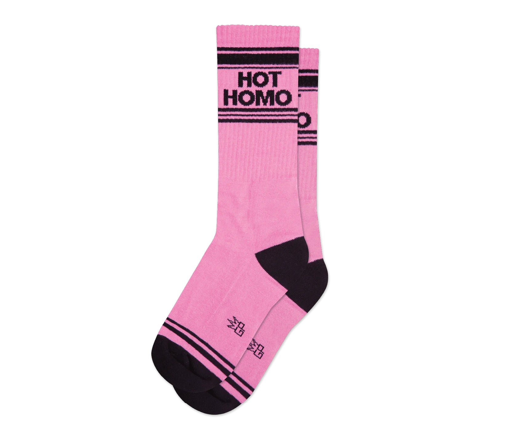 A pair of hot pink and black crew socks that read "hot homo" with the Gumball Poodle logo along the arch.