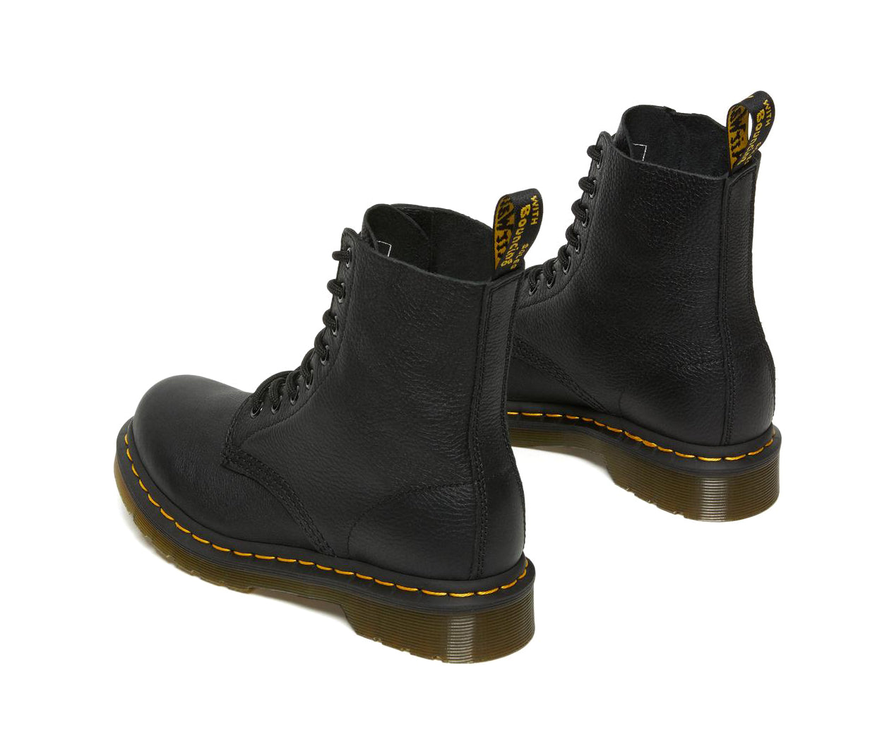 A black soft leather Dr. Martens ankle boot.