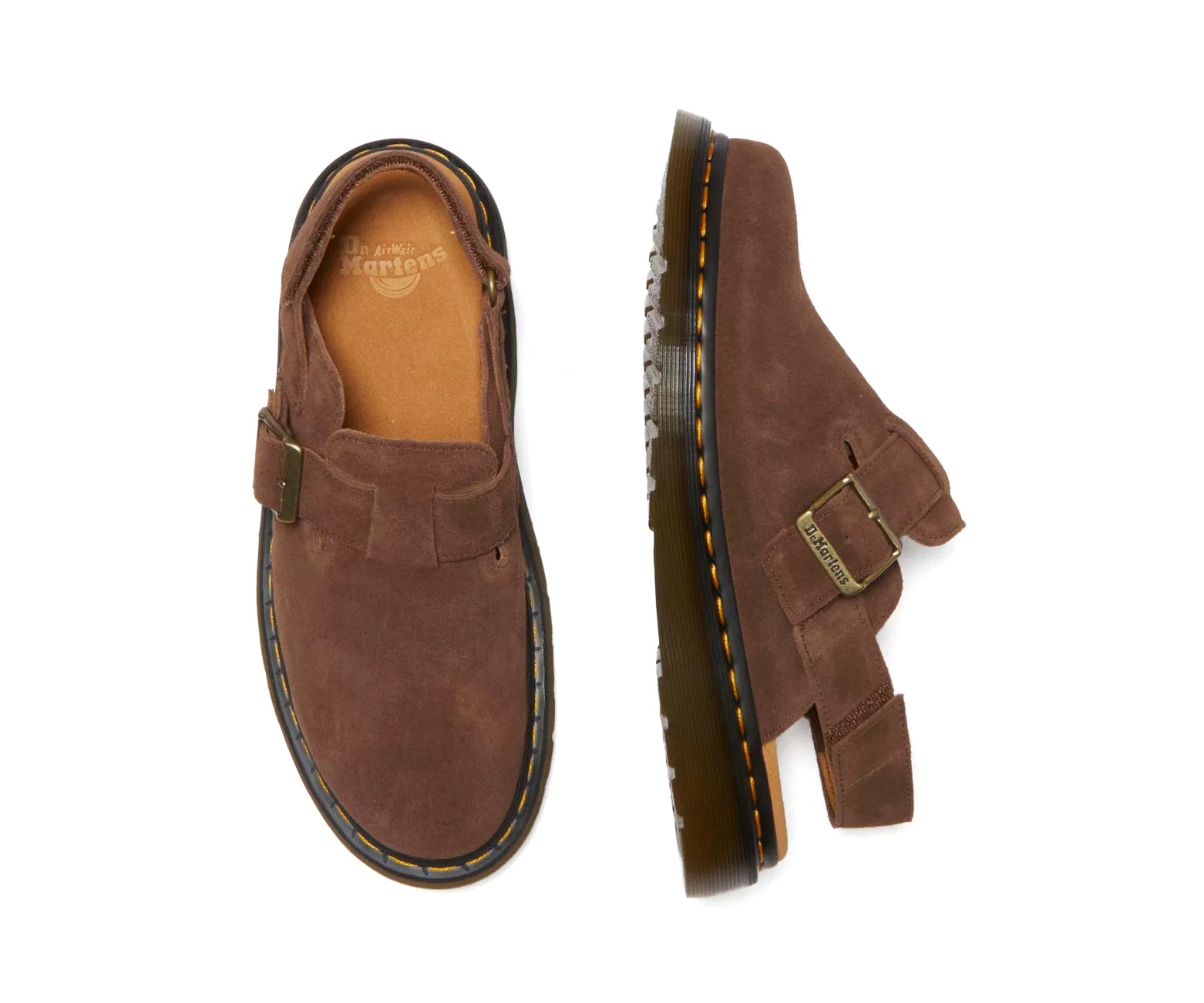 A brown suede mule sandal from Dr. Martens.