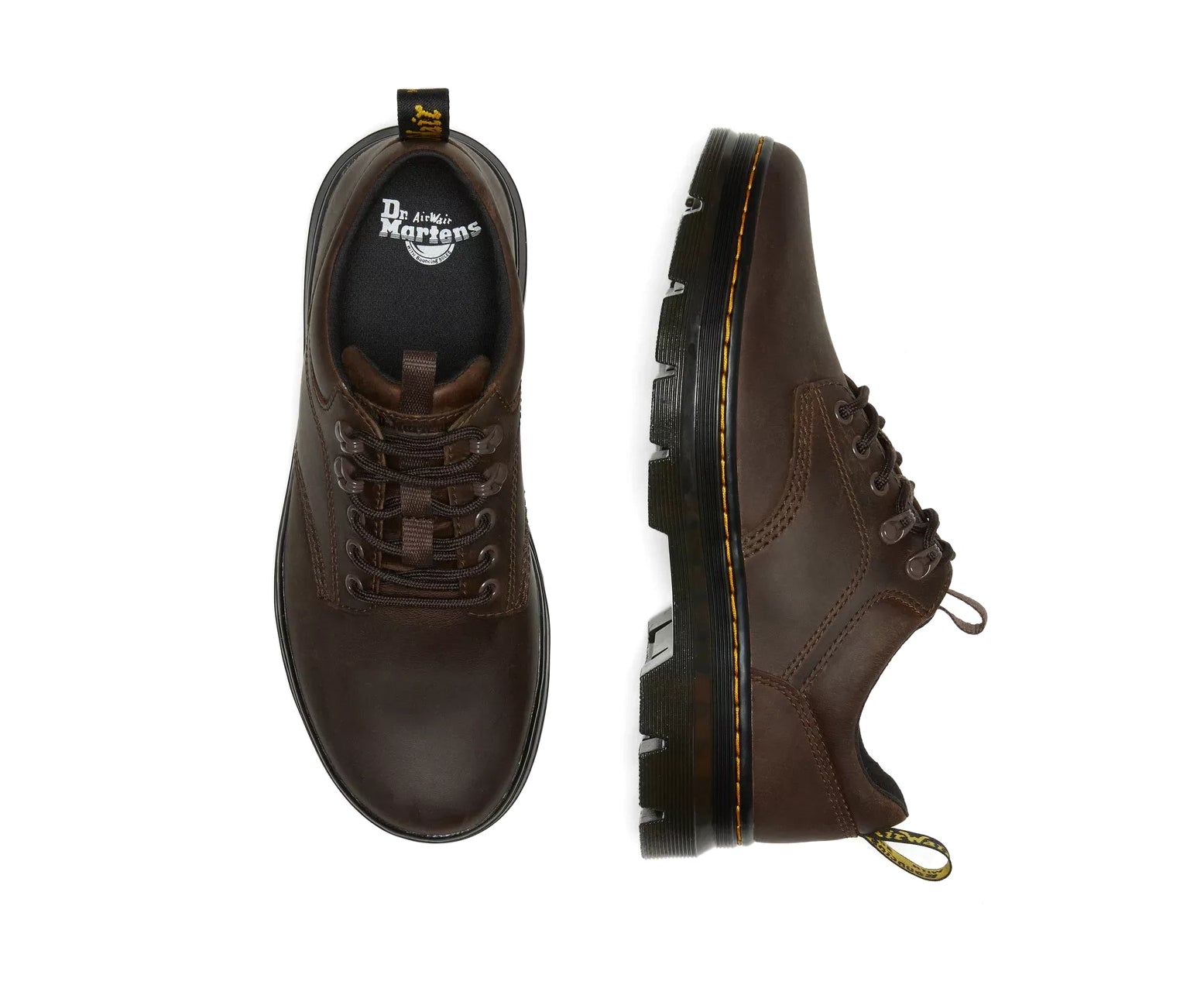 A dark brown leather shoe from Dr. Martens.