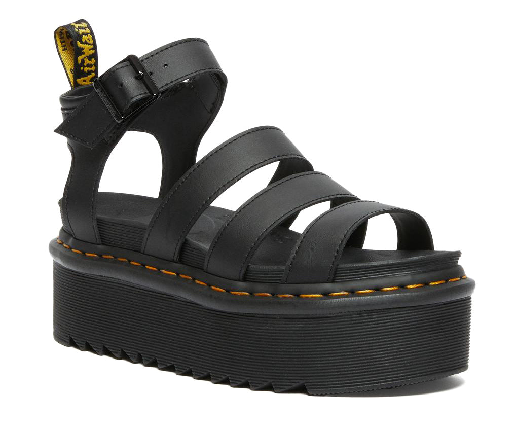 A black platform 3-strap sandal with ankle buckle from Dr. Martens.