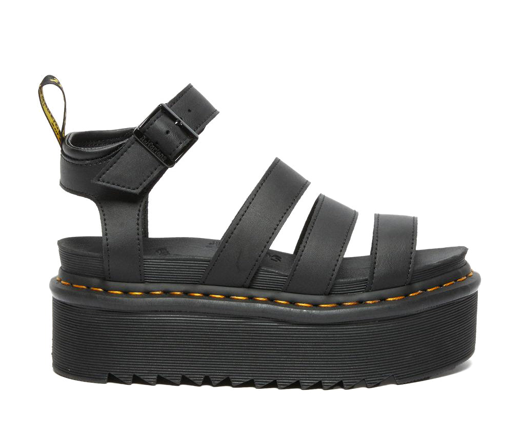 A black platform 3-strap sandal with ankle buckle from Dr. Martens.