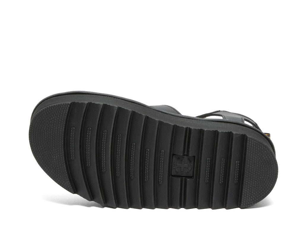 A black platform 3-strap sandal with ankle buckle from Dr. Martens.