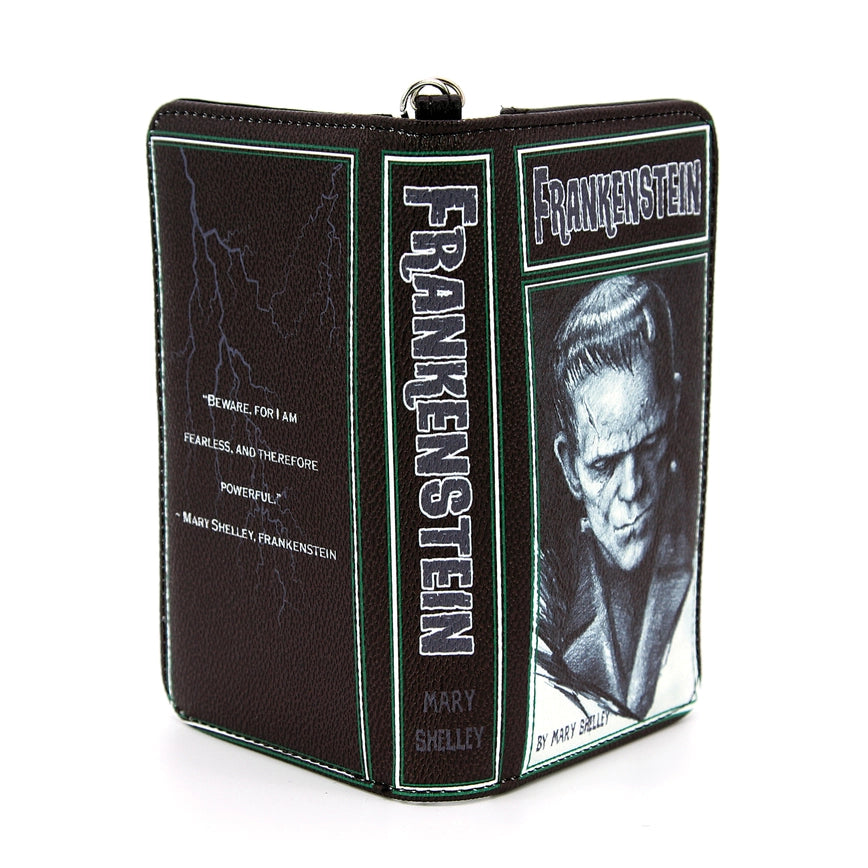 Front and back view of a long, black wallet with the Frankenstein cover art.