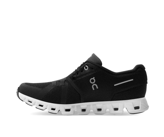 A black sneaker with white accents from On Running.