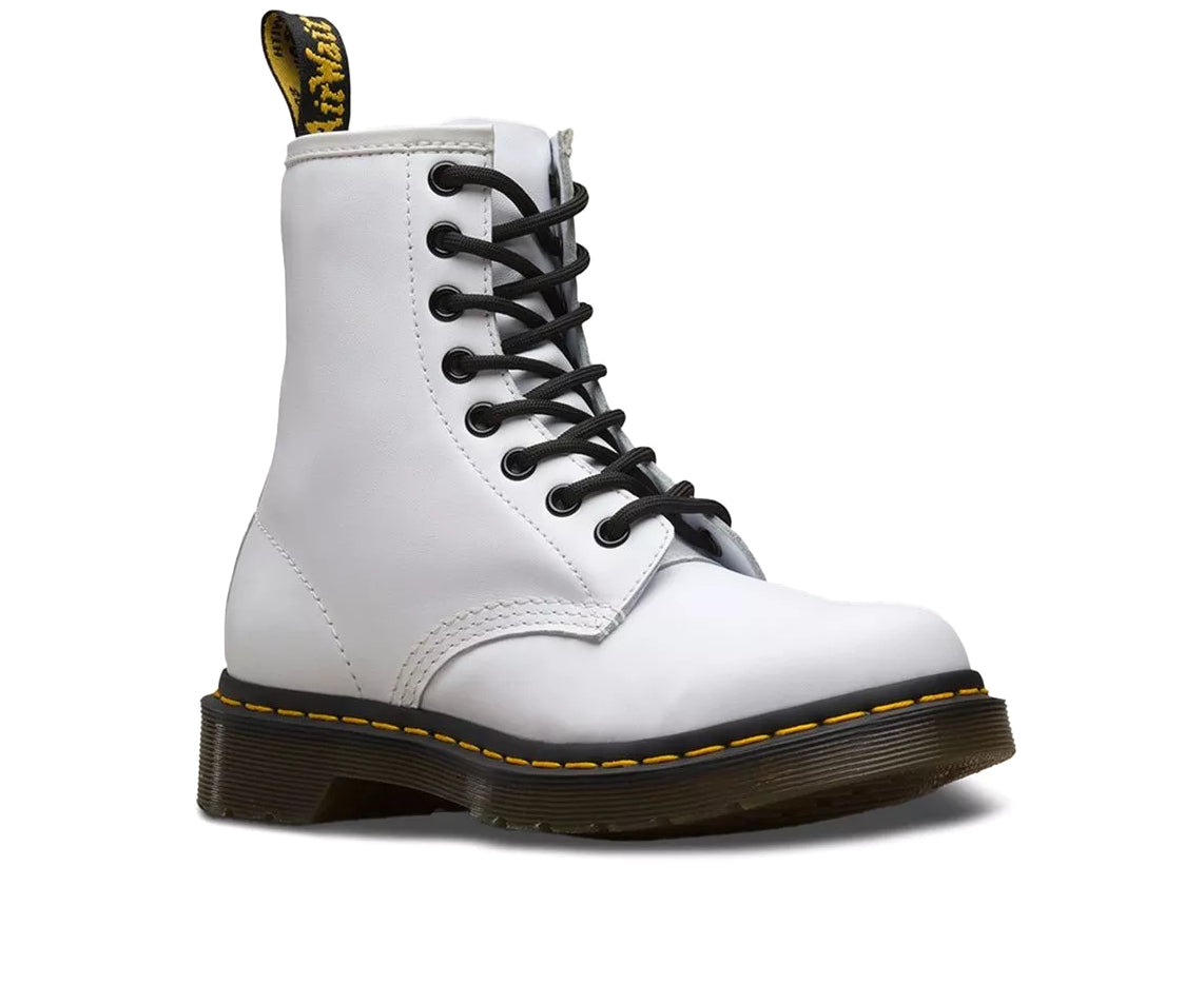 A white leather mid-ankle boot from Dr. Martens.