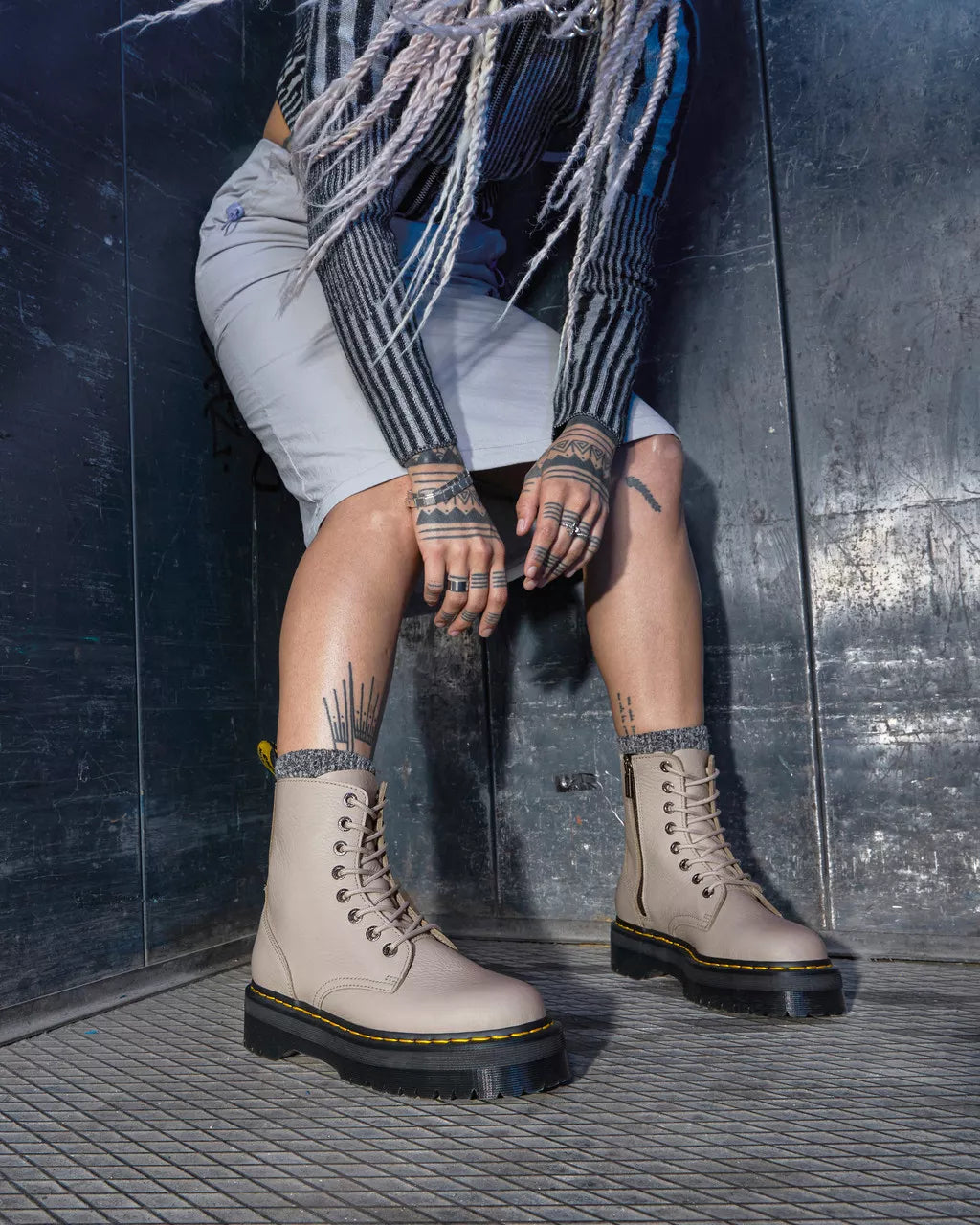 A demo of a taupe soft-leather platform boot from Dr. Martens.