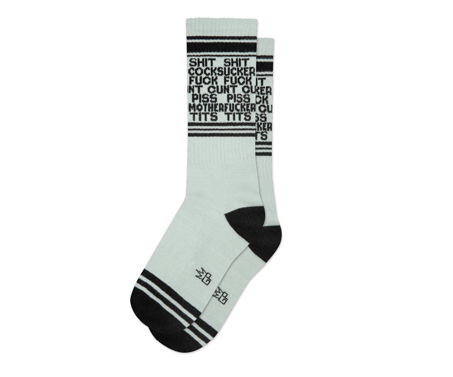 A pair of grey and black crew socks that read "shit cocksucker fuck cunt piss motherfucker tits" repeatedly with the Gumball Poodle logo along the arch.