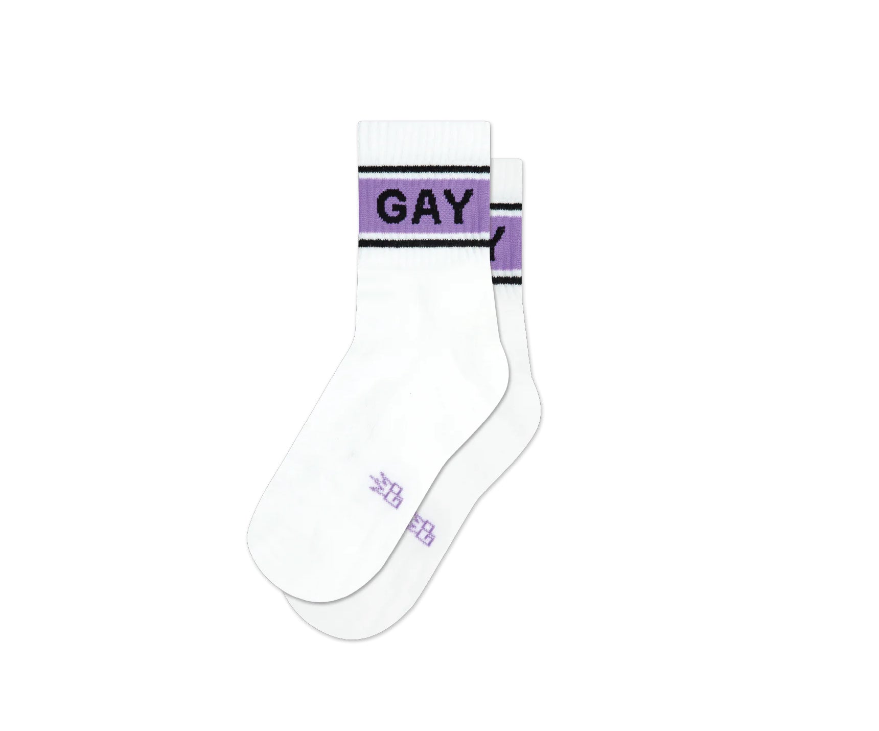 A pair of white and purple quarter-crew socks that read "Gay" with the Gumball Poodle logo along the arch.