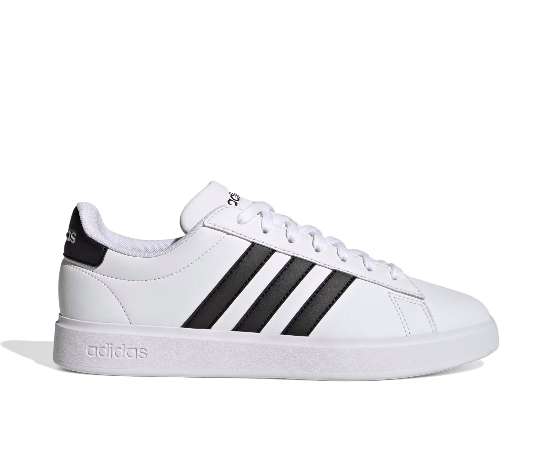 A white recycled faux-leather Adidas sneaker with black accents.