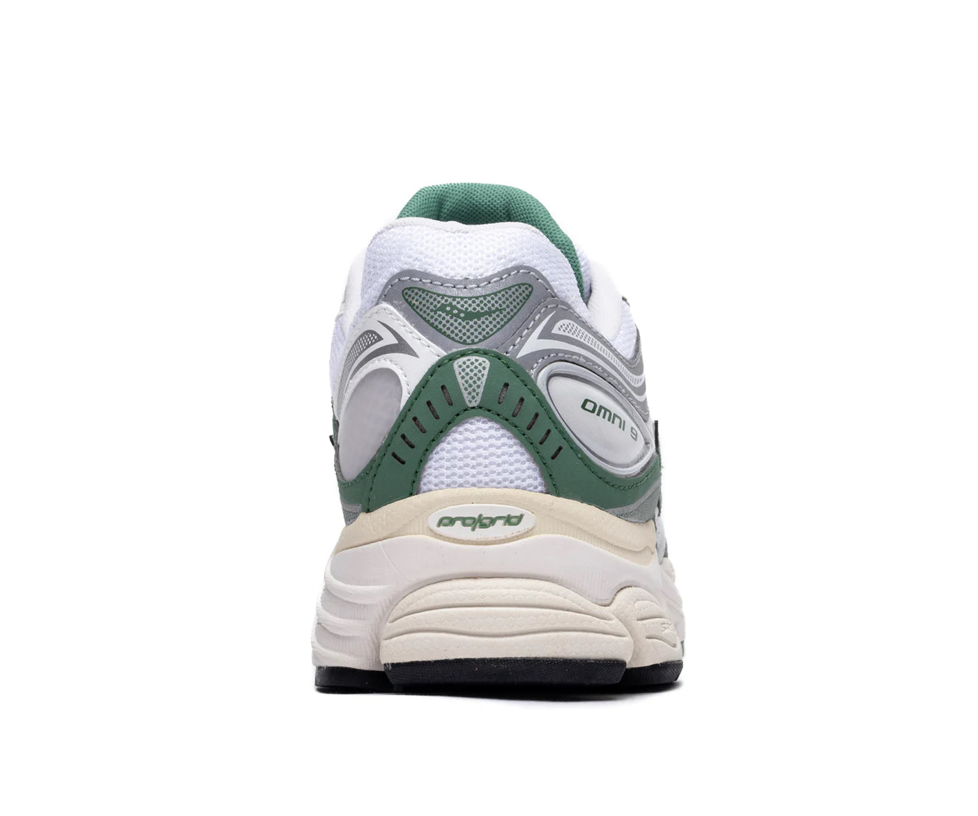 A white mesh running shoe from Saucony with green and silver accents.