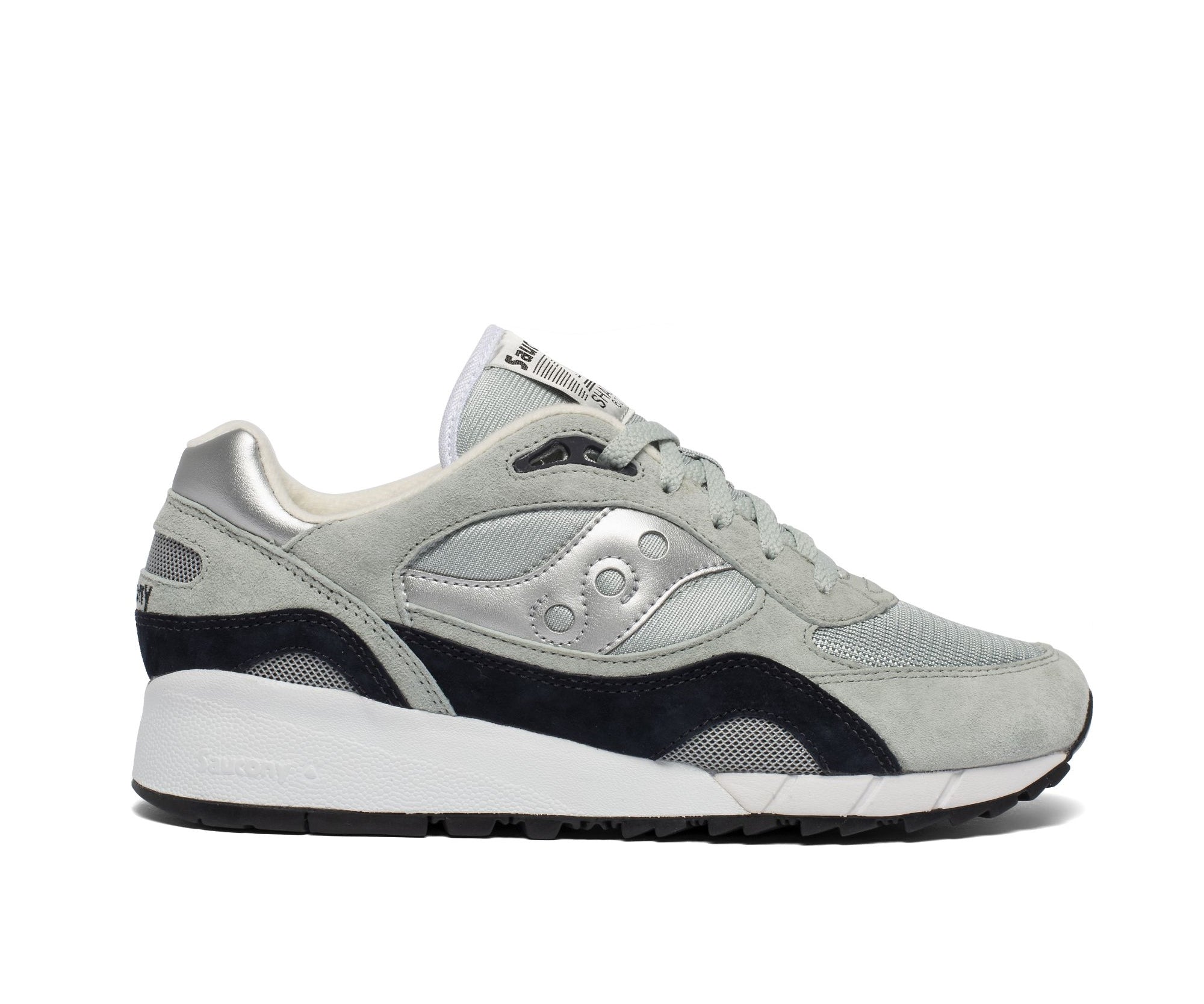 A gray sneaker from Saucony with dark navy and silver accents.