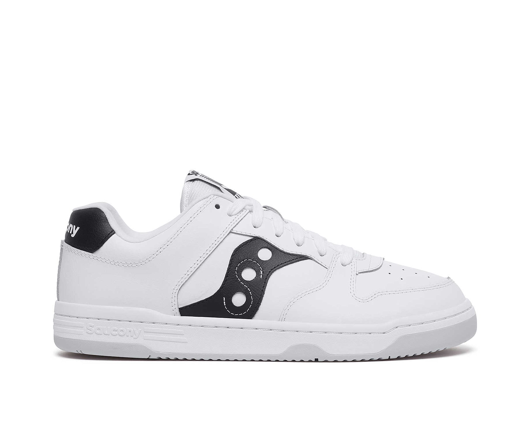 A white leather court shoe from Saucony with black accents.