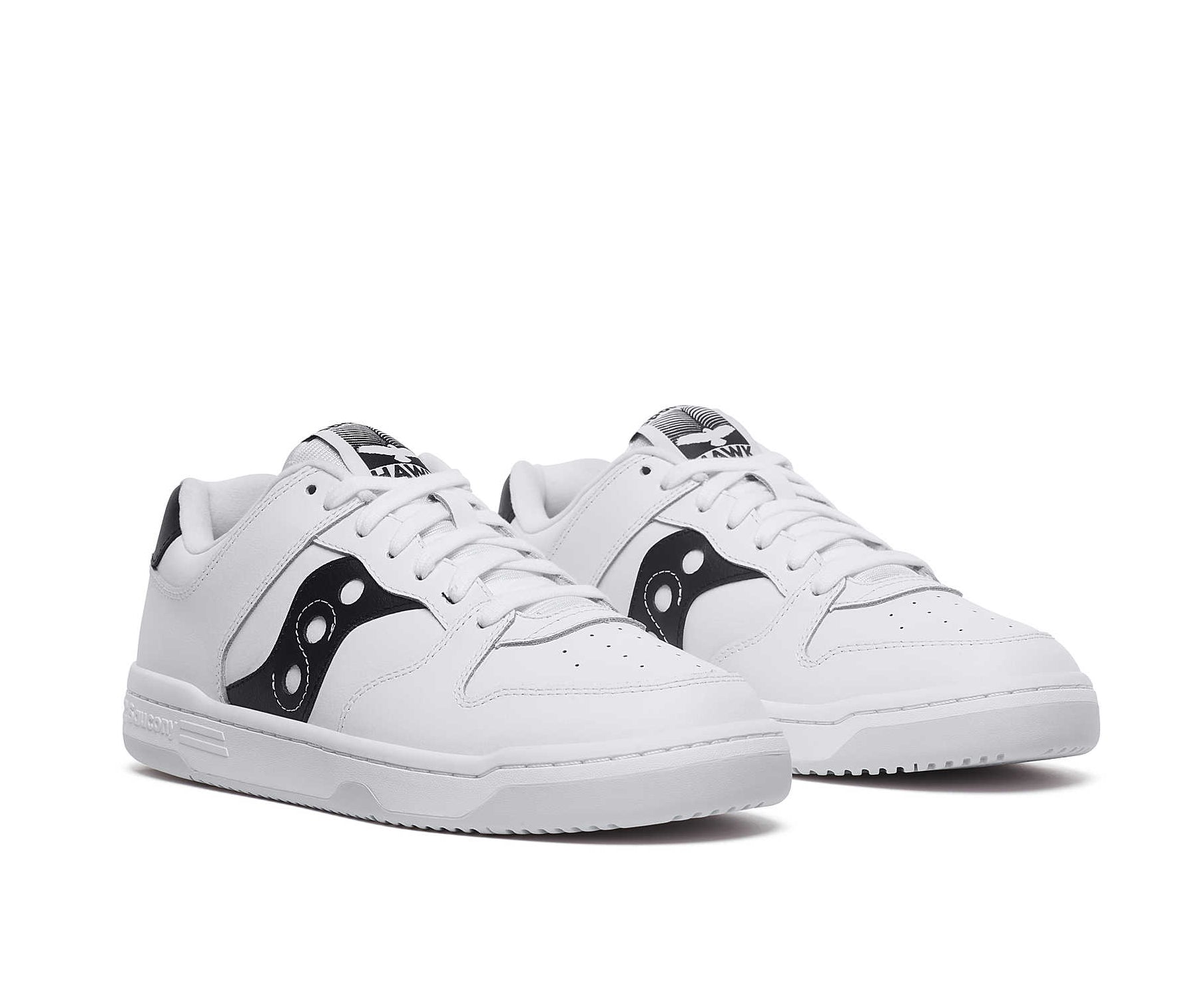 A white leather court shoe from Saucony with black accents.