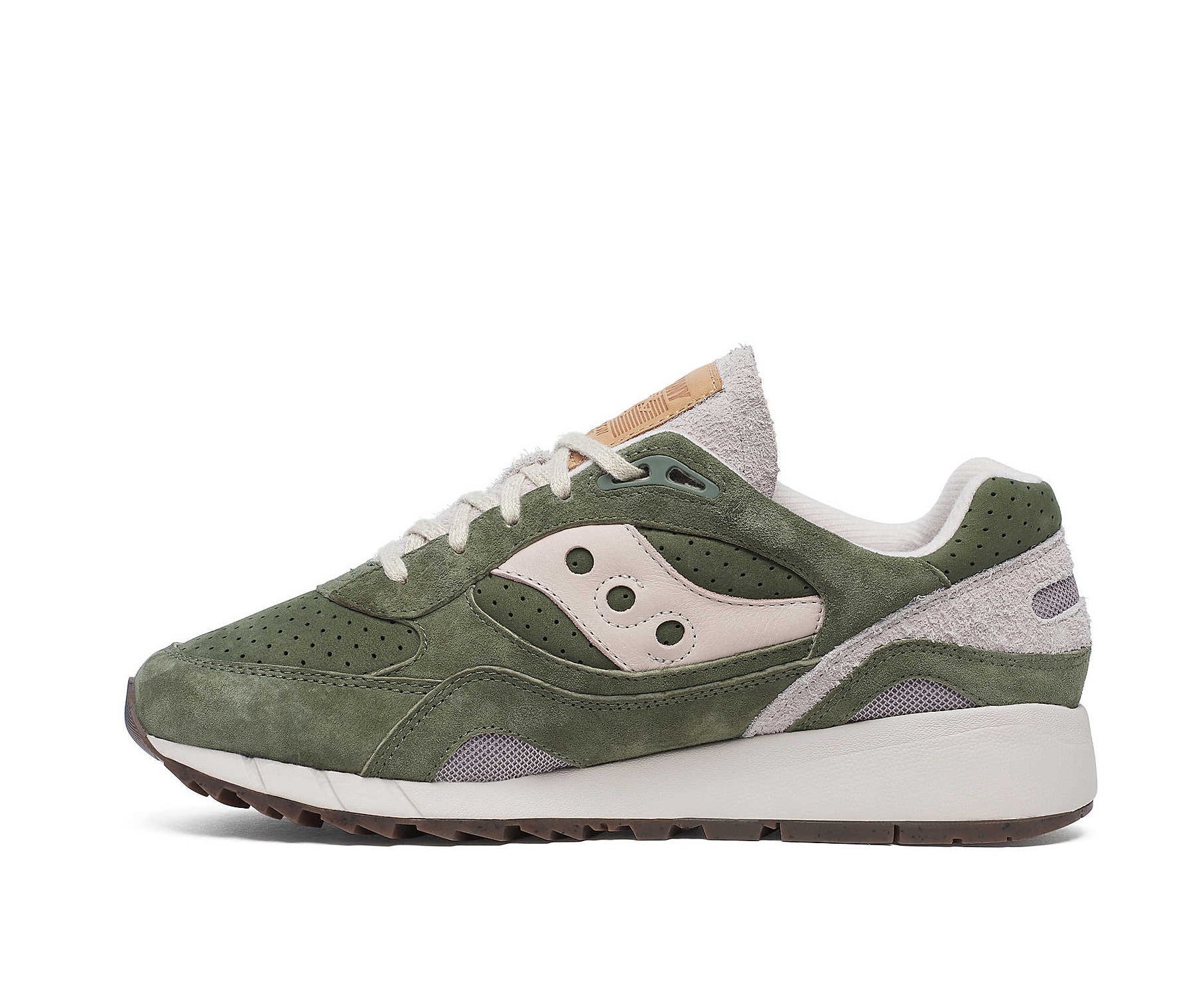 A green suede sneaker with light gray accents from Saucony.