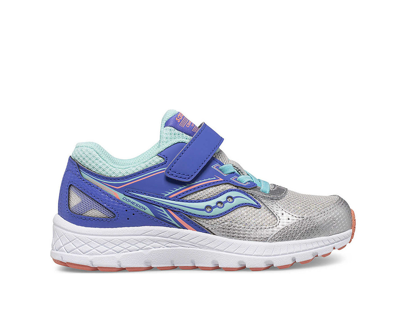 A silver and mint low-cut sneaker with indigo accents and a velcro strap.