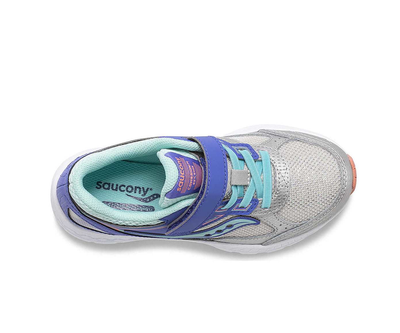 A silver and mint low-cut sneaker with indigo accents and a velcro strap.