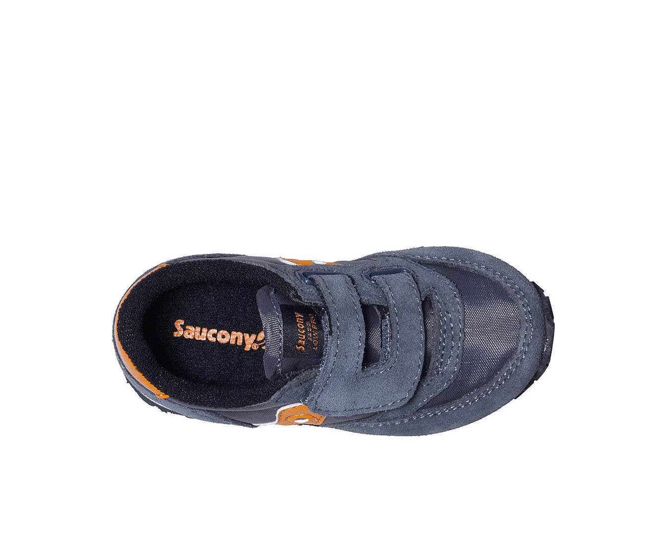 A steel blue suede and mesh low-cut Saucony sneaker with orange accents.