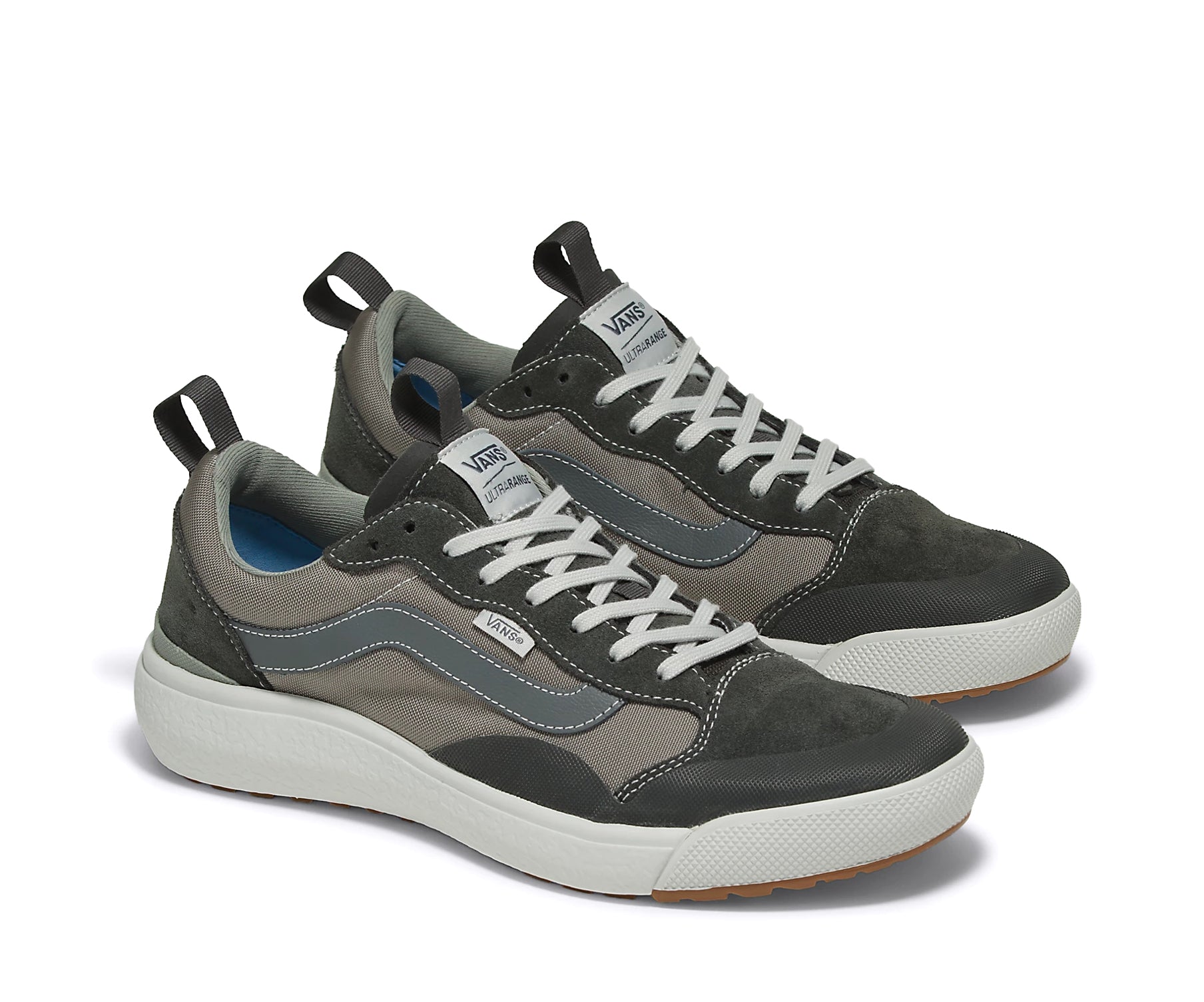 A suede and textile multicolored grey Vans sneaker.