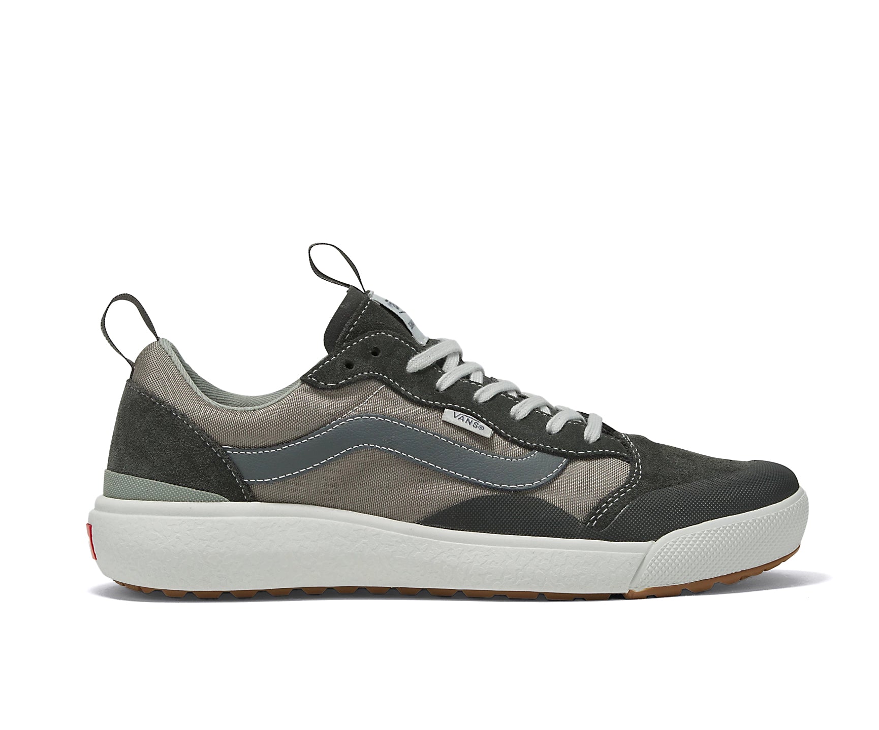 A suede and textile multicolored grey Vans sneaker.