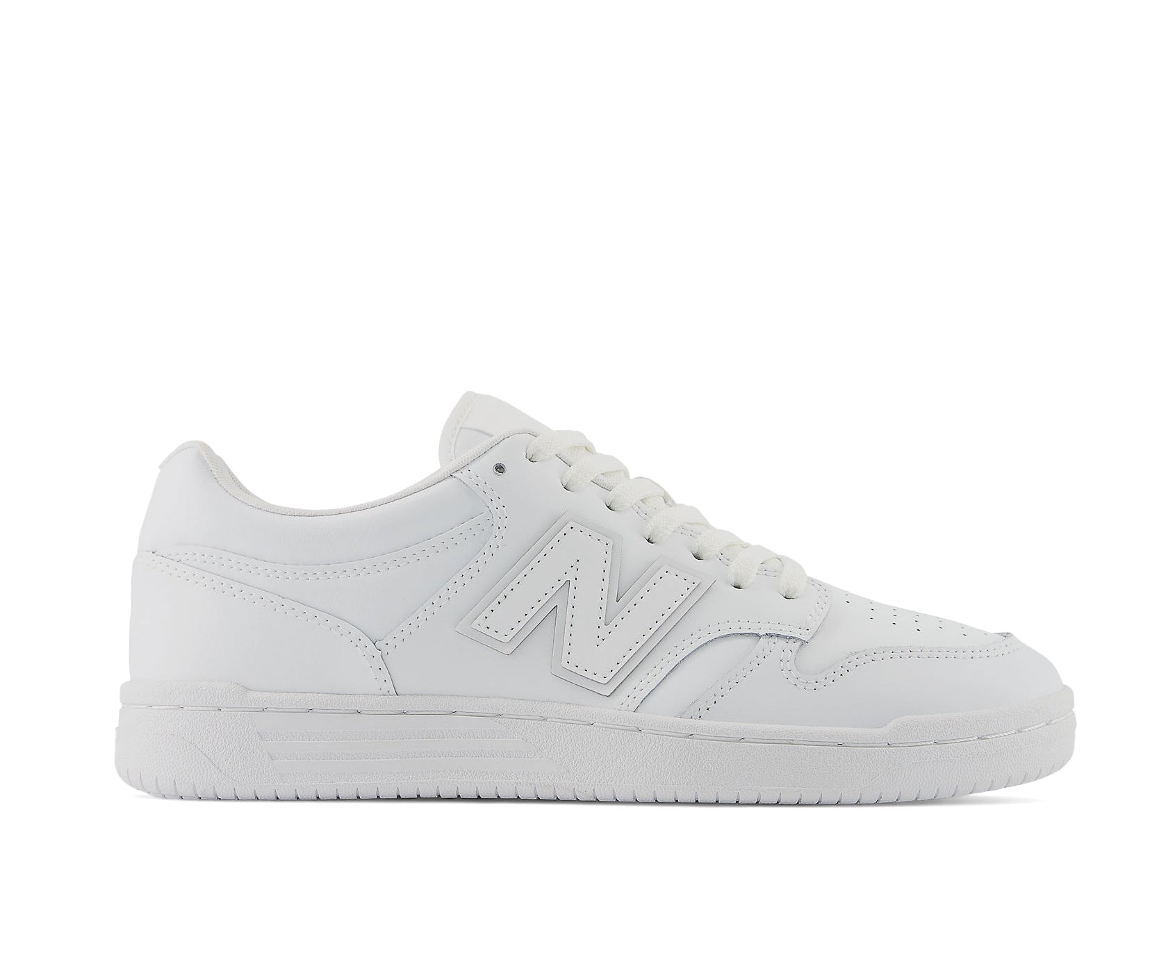 A monochrome white leather basketball sneaker from New Balance.