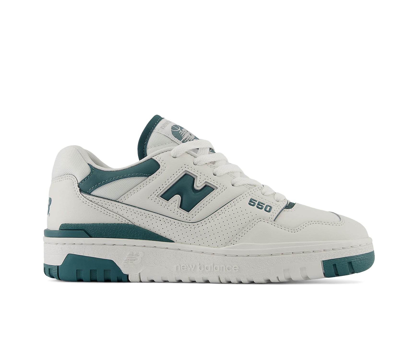 A white and teal leather basketball sneaker from New Balance.