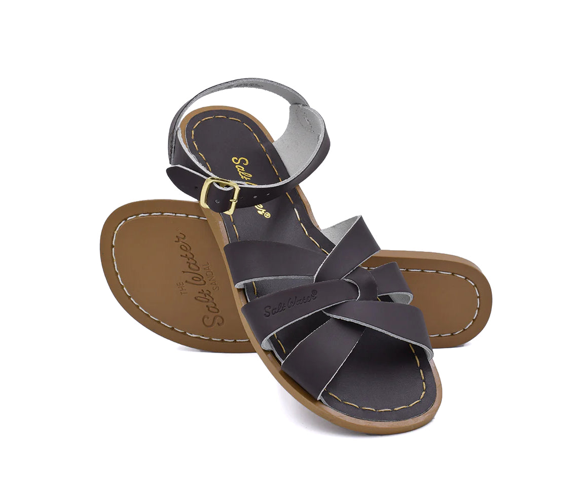 A dark brown leather 3-strap sandal from Salt Water.