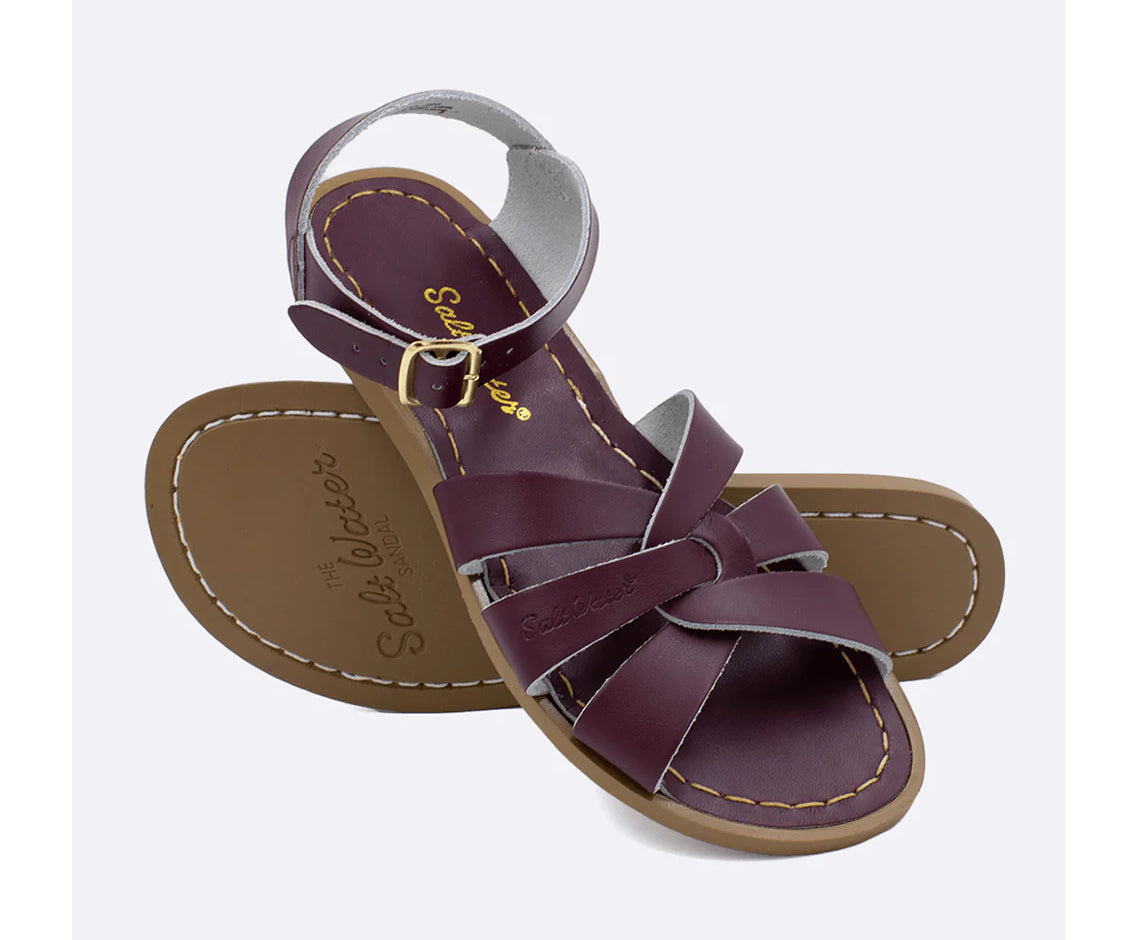 A burgundy leather 3-strap sandal from Salt Water.