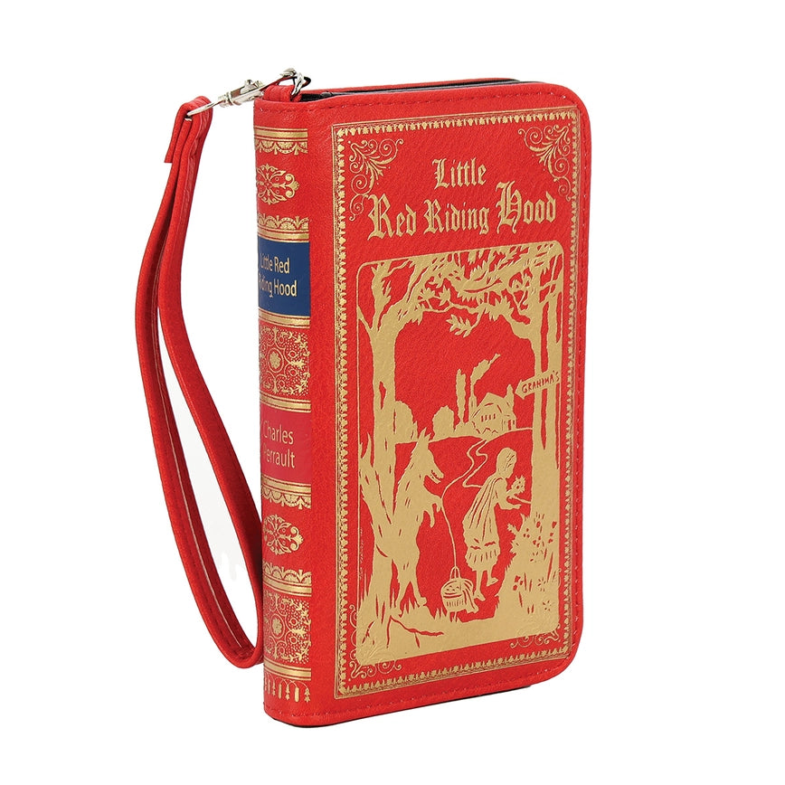 Angled view of a long, red wallet with the Little Red Riding Hood cover art.