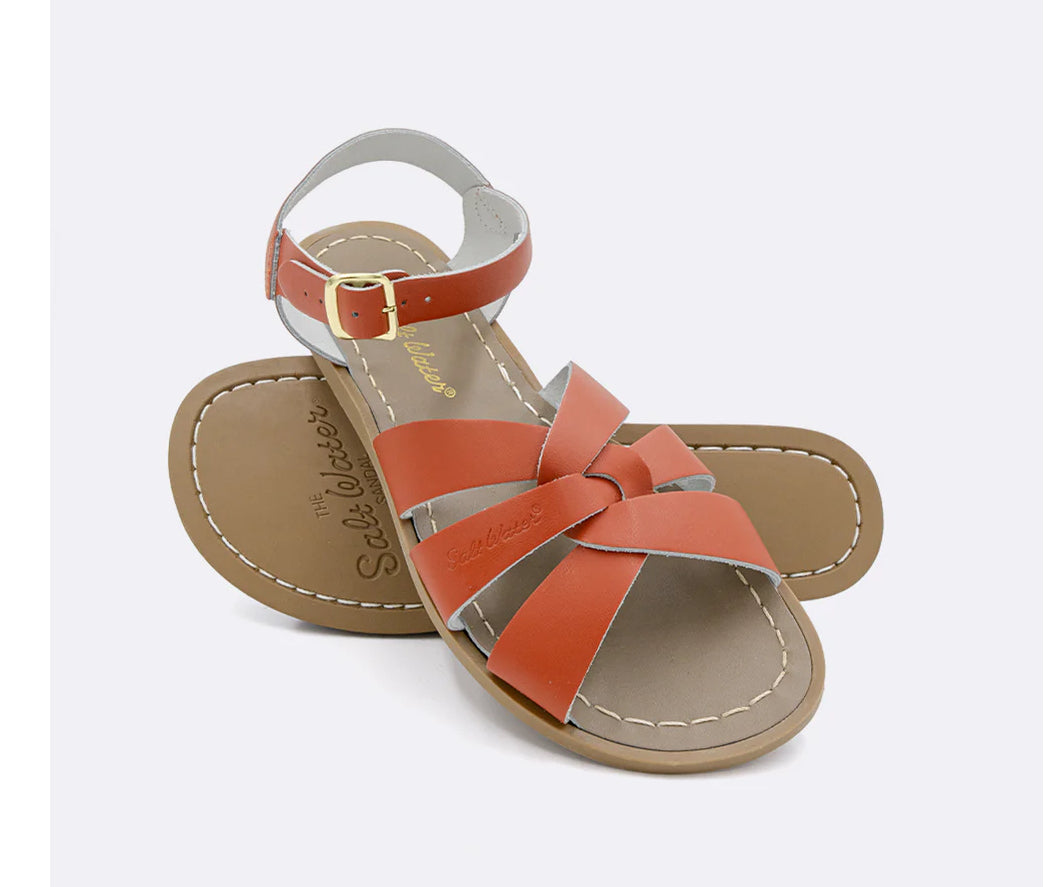 An orange leather 3-strap sandal from Salt Water.