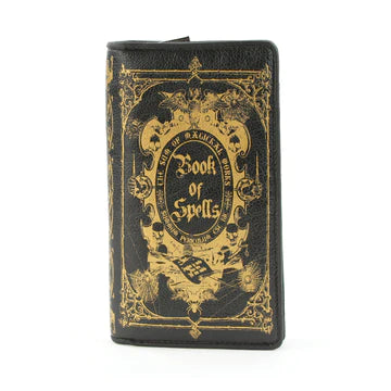 Front shot of a long, black wallet with the Book of Spells cover art